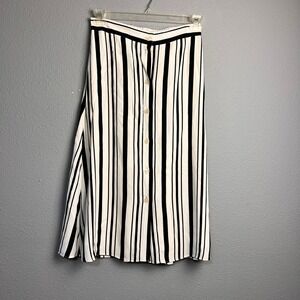 LOFT Black White Striped Button Front Midi Skirt Elastic Waist Size S 503651